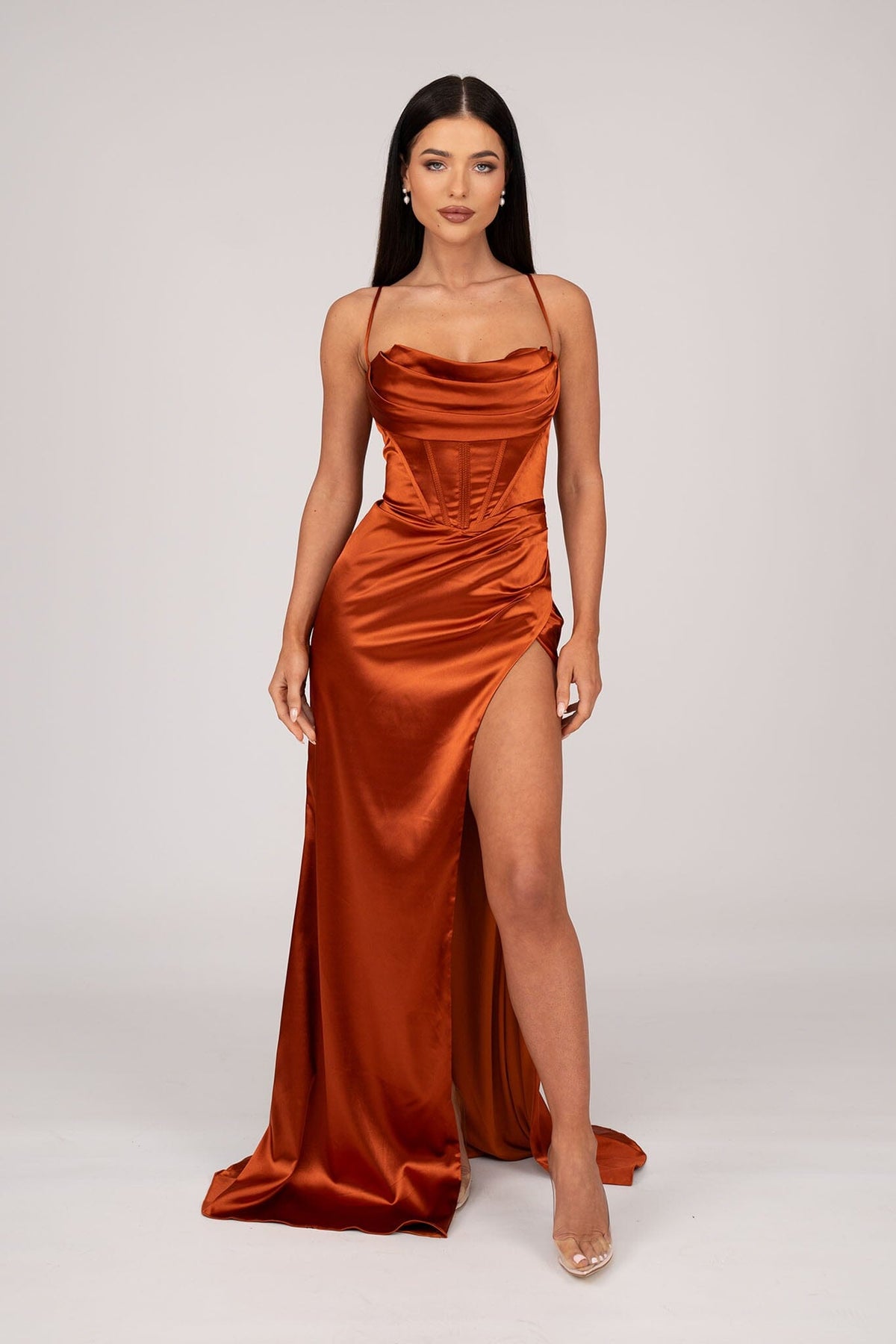 AYANA Corset Satin Gown - Burnt Orange