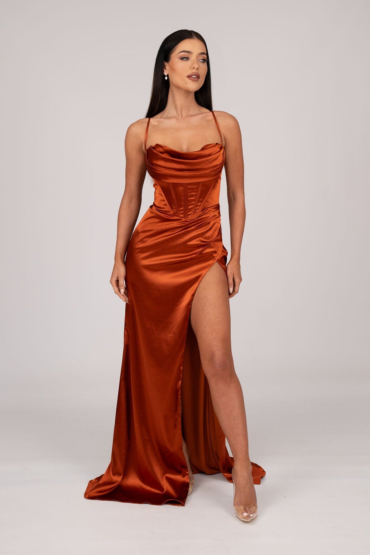 AYANA Corset Satin Gown - Burnt Orange