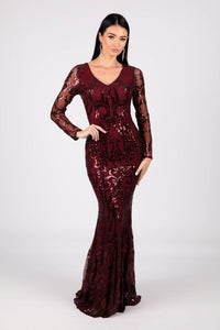 Deep Red Pattern Sequin Fitted Floor Length Gown with Long Sleeves and V Neckline