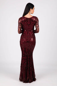 Closed Back Design of Deep Red Pattern Sequin Fitted Floor Length Gown with Long Sleeves and V Neckline