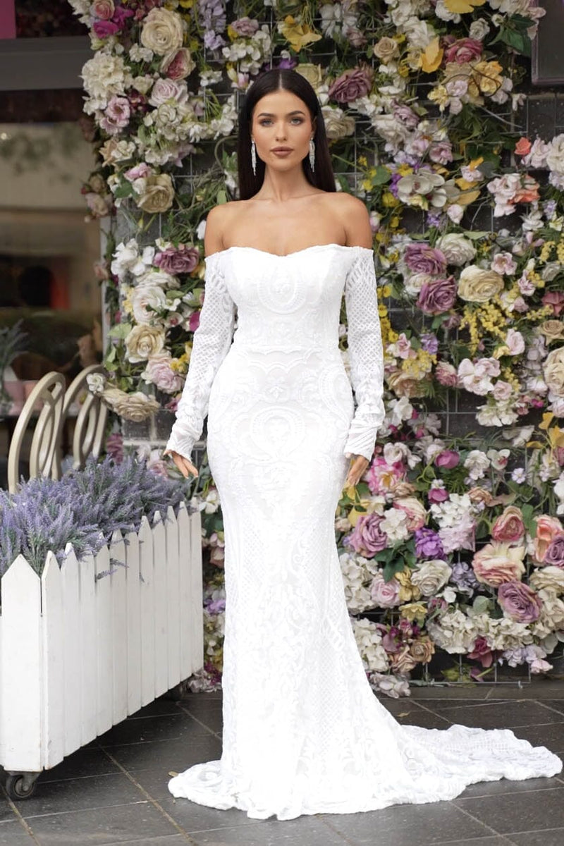 Gianna Off-Shoulder Long Sleeve Gown - White/White – Noodz Boutique