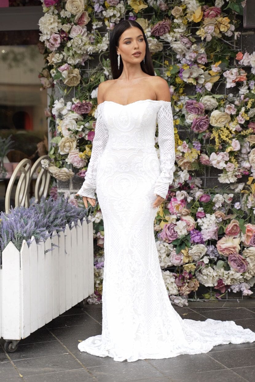 White Off-the-shoulder Long Sleeve Fitted Wedding Gown