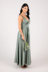 Side Image of Sage Green Coloured Satin A-line Maxi Dress with V Neckline, Gathered Detail and V Open Back