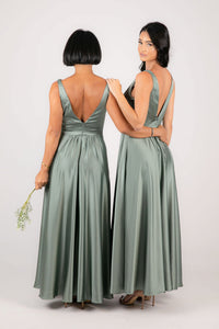 Bridesmaids wearing Sage Green Coloured Satin A-line Maxi Dress with V Neckline, Gathered Detail and V Open Back