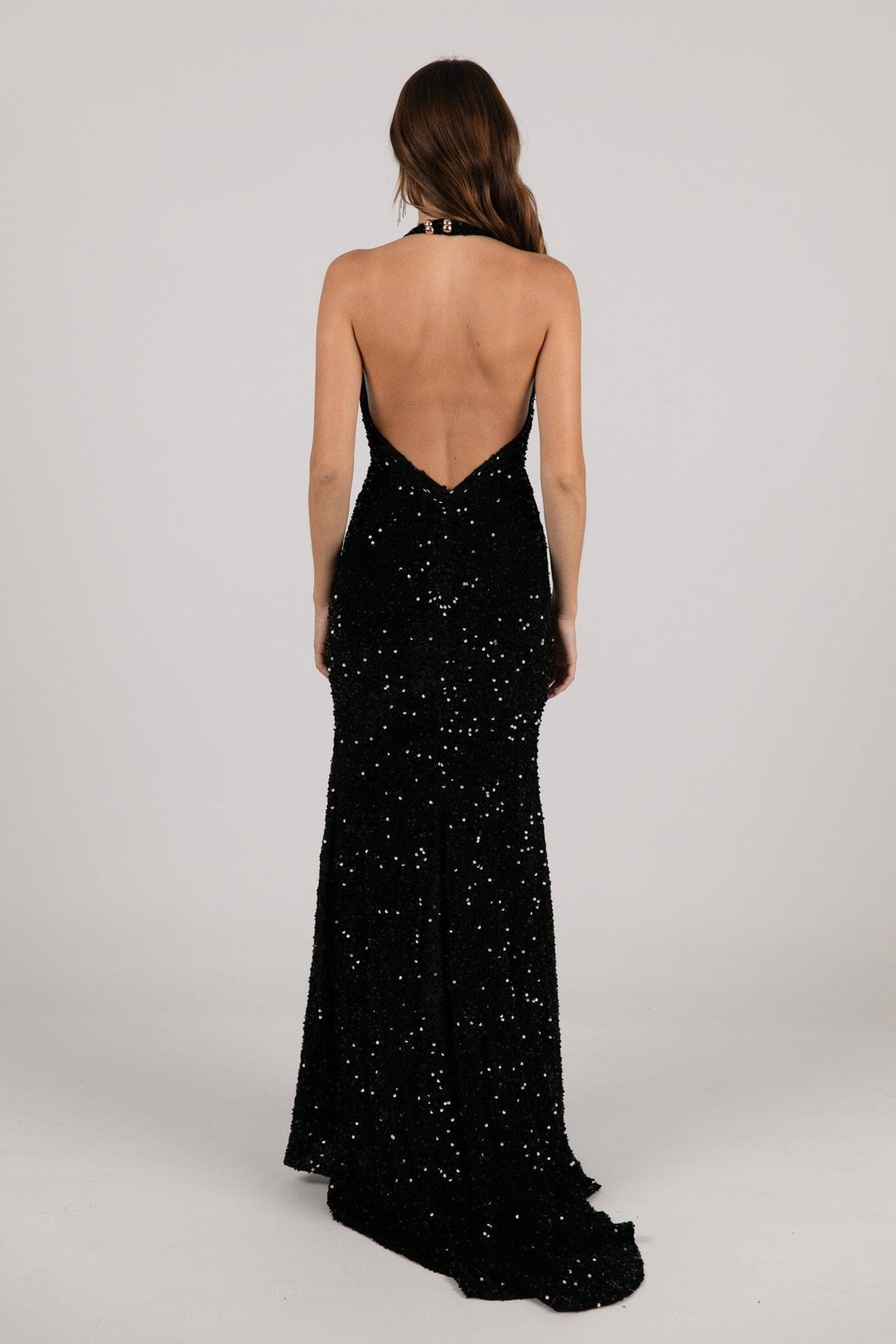 KENDALL Halter Neck Velvet Sequin Gown - Black - View 3 | Shop Formal Dress