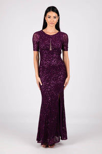 Modest Purple Sequin Evening Maxi Dress with Round Neckline and Fitted Short Sleeves