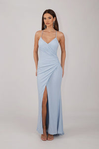 Light Blue Shimmer Fitted Maxi Dress with Thin Shoulder Straps, Gathered Detail at Waist and Leg Slit