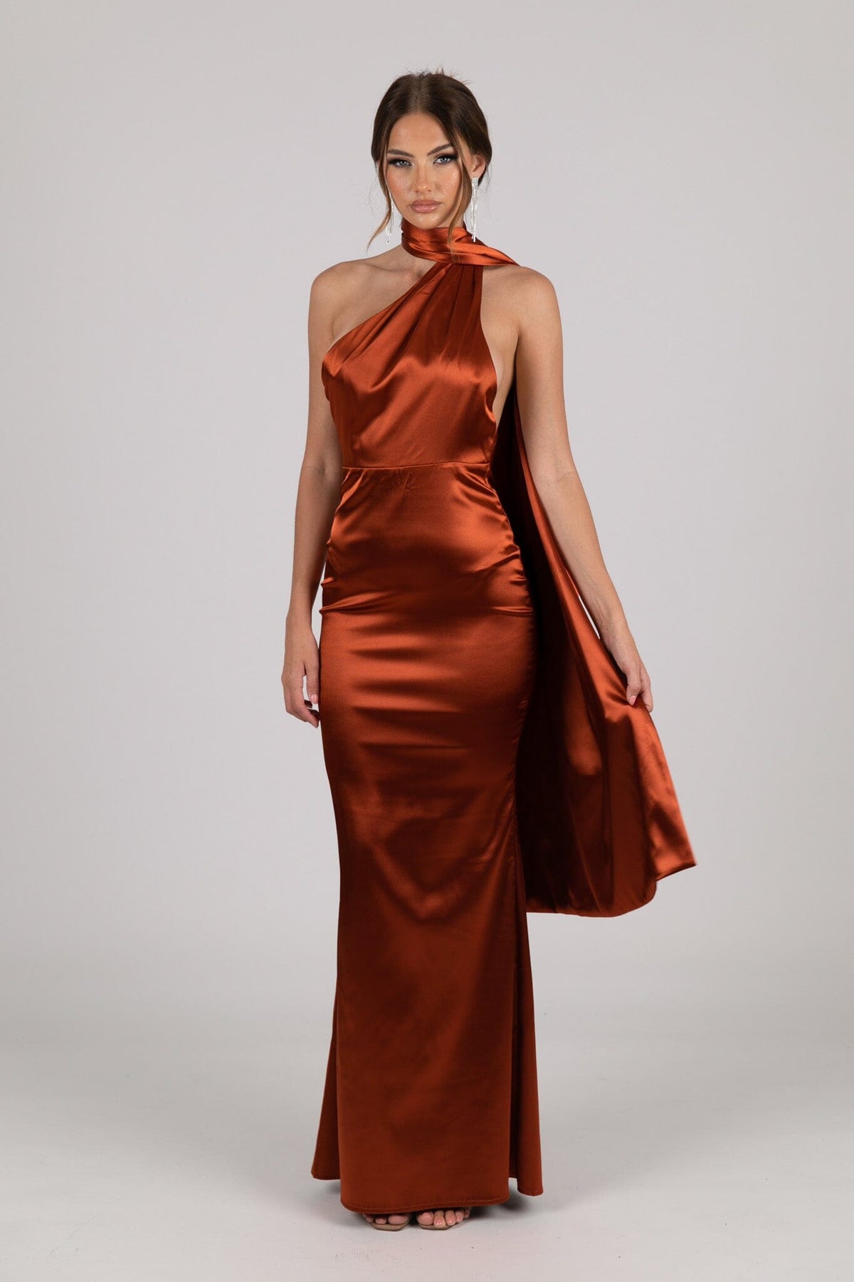 Collective Dress - MARGOT Scarf Neck Satin Maxi Dress - Burnt Orange image 4