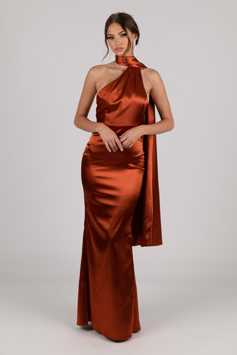 MARGOT Scarf Neck Satin Maxi Dress