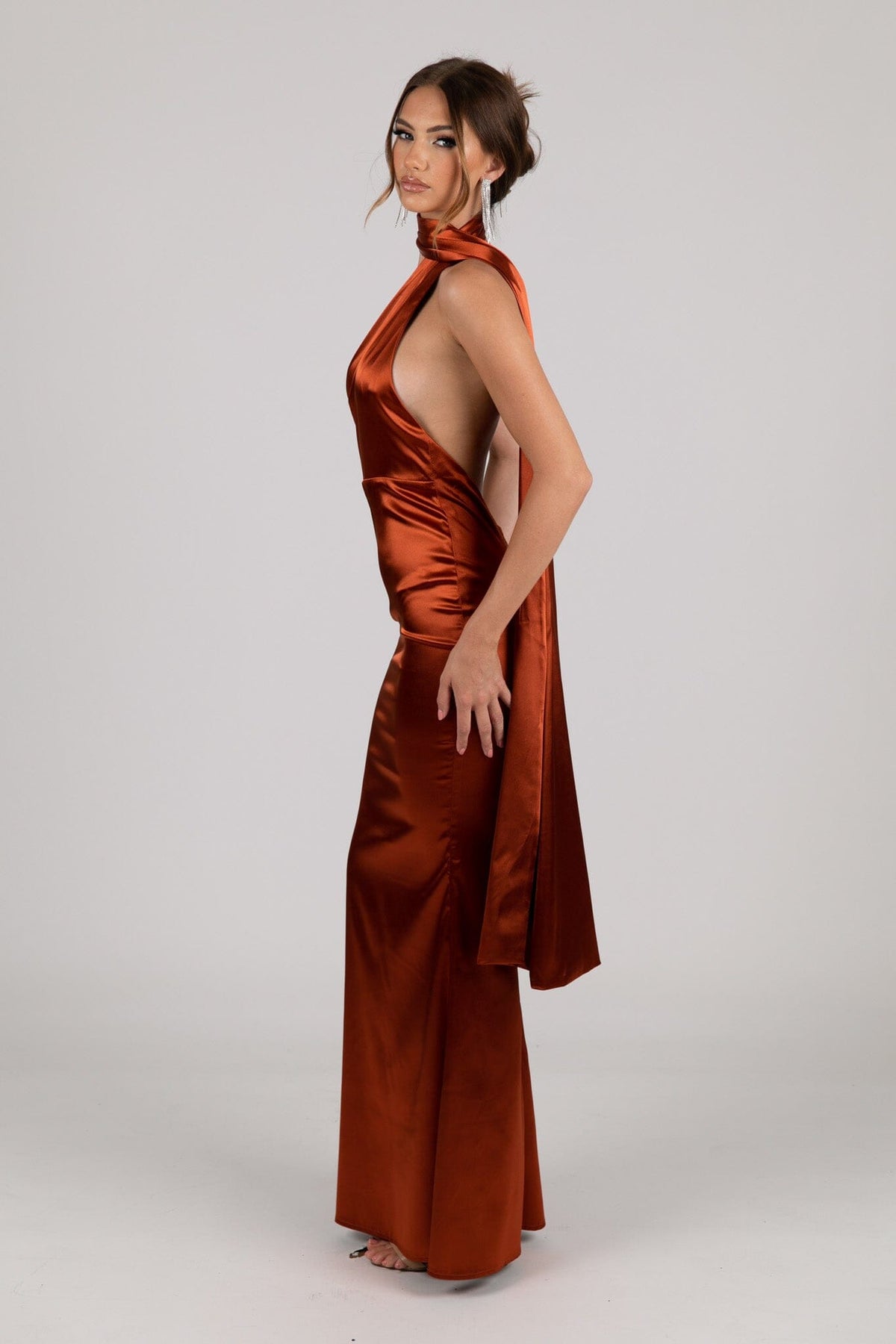 Collective Dress - MARGOT Scarf Neck Satin Maxi Dress - Burnt Orange image 5