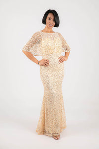 Beige and gold sequin evening maxi dress with boat neckline and butterfly sheer half sleeves