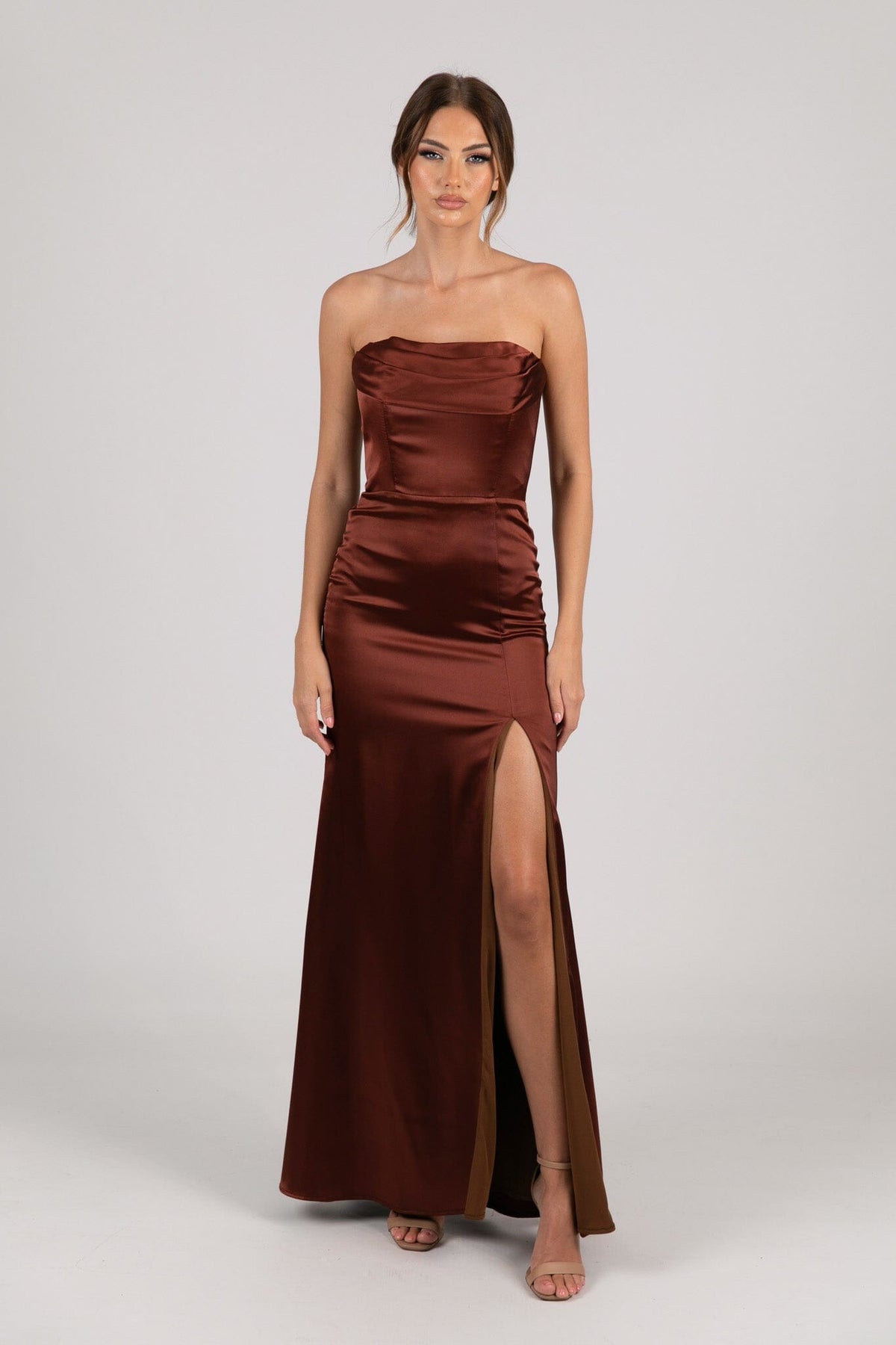 Mahogany Dark Brown Red Strapless Satin Maxi Dress with Draped Bust Detail and Side Slit