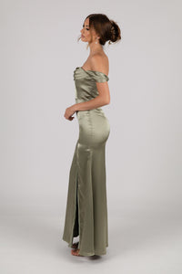 Side Image of Sage Green Strapless Satin Maxi Dress with Draped Detail at Bust, Detachable Off Shoulder Sleeves and Side Slit