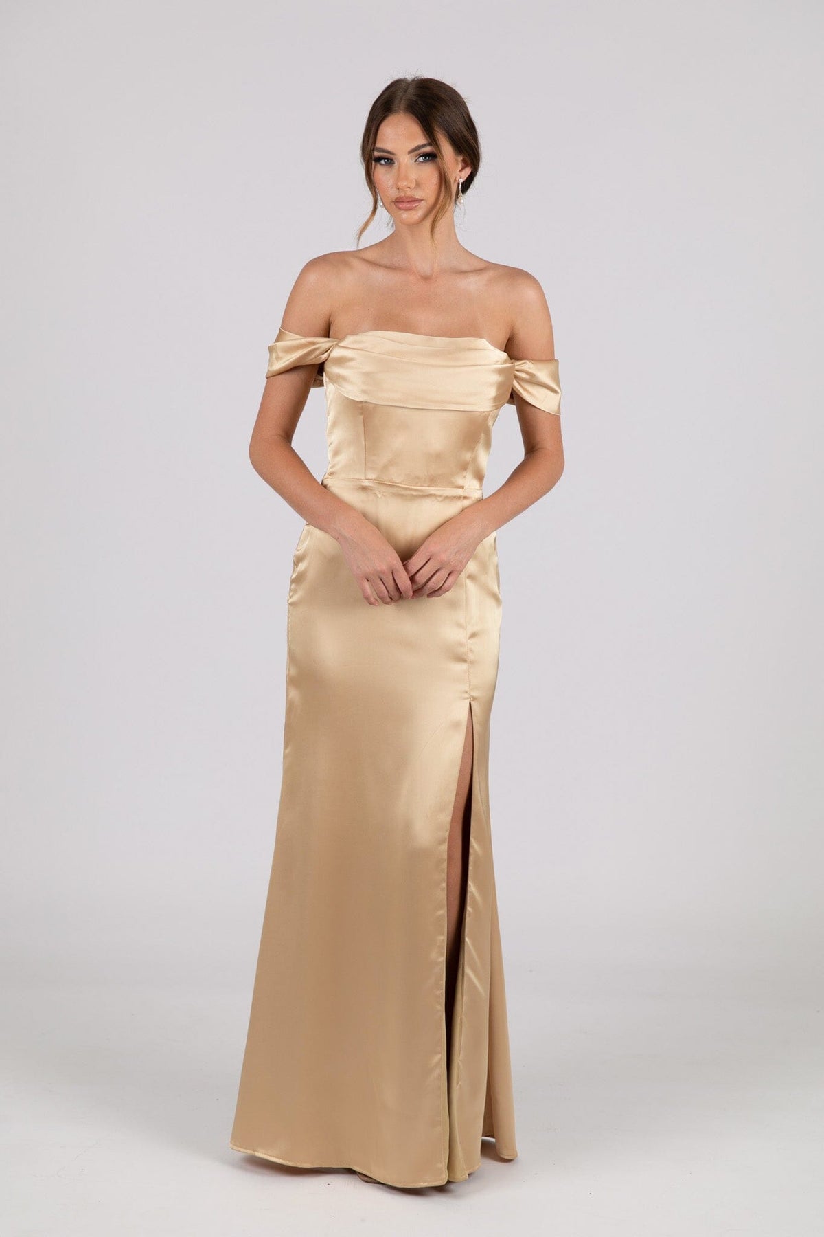 Neutral Gold Champagne Coloured Strapless Satin Maxi Dress with Draped Detail at Bust, Detachable Off Shoulder Sleeves and Side Slit