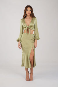 Satin Two-Piece Set including Long Sleeve V Neck Front Tie Crop Top and Midi Skirt with Split in Olive Green