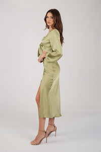 Side Image of Satin Two-Piece Set including Long Sleeve V Neck Front Tie Crop Top and Midi Skirt with Split in Olive Green