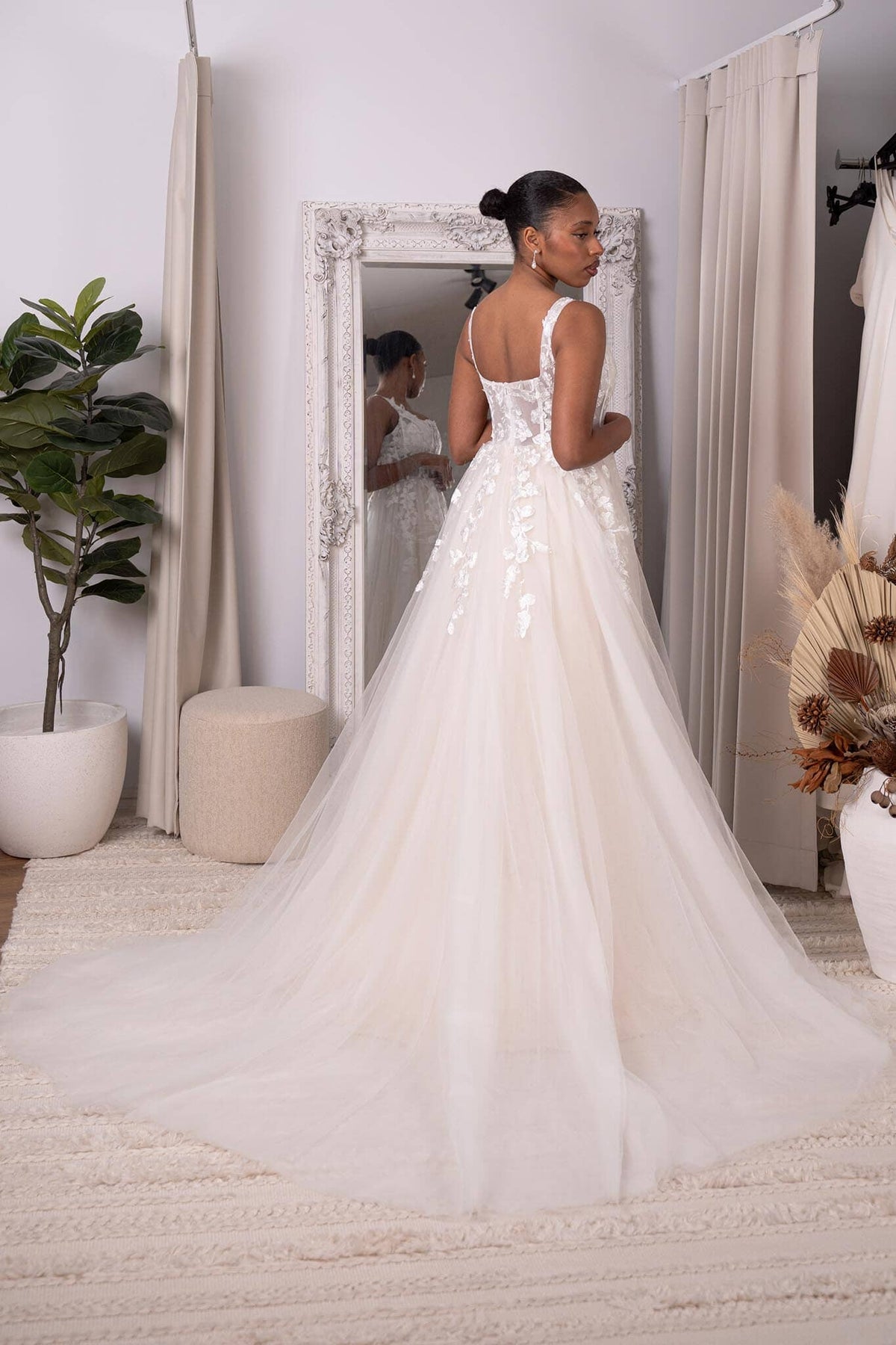 Square Open Back Design of Ivory Off-White Square Neck A-line Lace Wedding Gown with Floral Lace Motifs Embellished on Layered Tulle, Trendy Exposed Bone Bodice, Voluminous Full A-line Skirt and Flowing Sweep Train