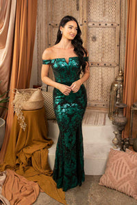 Emerald Green Sequins with Black Underlay Off Shoulder Full Length Maxi Dress with V Cut Out Neckline Detail and Slit on the Left Leg