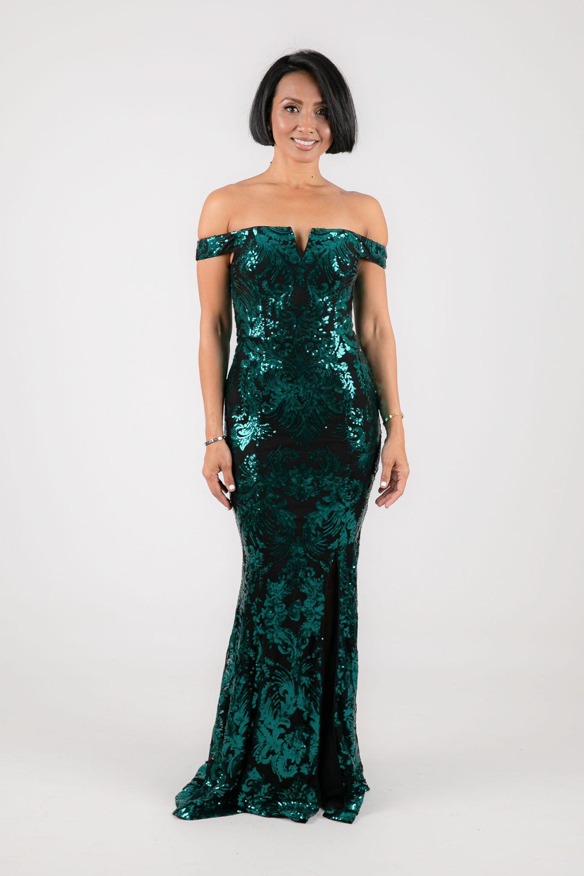 Ramona Off Shoulder Sequin Gown - Emerald