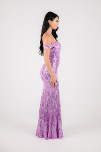 Side Image of Purple Lilac Sequins Off Shoulder Full Length Maxi Dress with V Cut Out Neckline Detail and Slit on the Left Leg