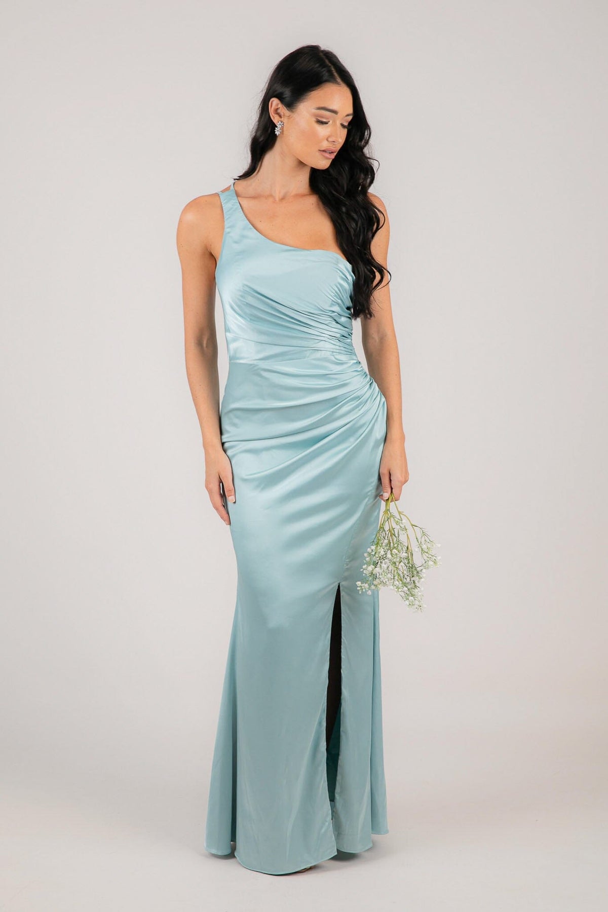 Light Blue One Shoulder Satin Maxi Bridesmaid Dress with Ruched Waist and Leg Slit