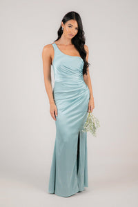 Light Blue One Shoulder Satin Maxi Dress with Ruched Waist and Leg Slit