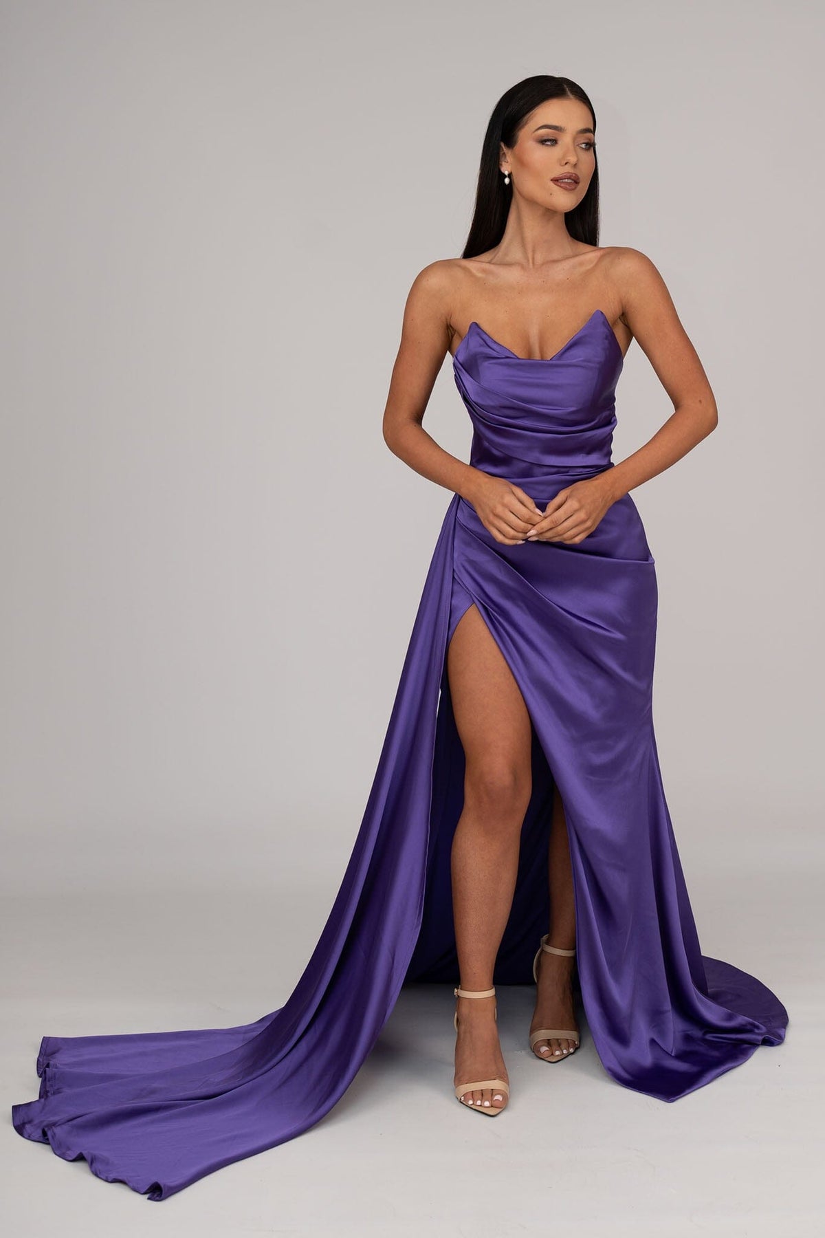 Purple Satin Evening Gown with Bustier Strapless Neckline, Draped Detail, Thigh High Slit, and Sweep Court Train