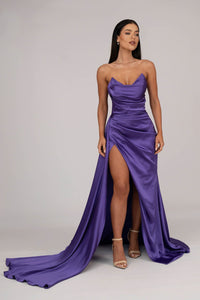 Purple Satin Evening Gown with Bustier Strapless Neckline, Draped Detail, Thigh High Slit, and Sweep Court Train