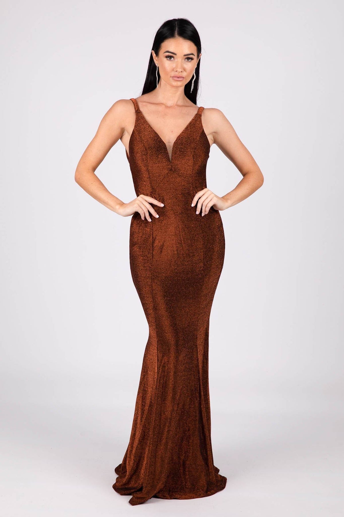 Shimmer Copper Coloured Floor Length Fitted Evening Gown with V Neckline