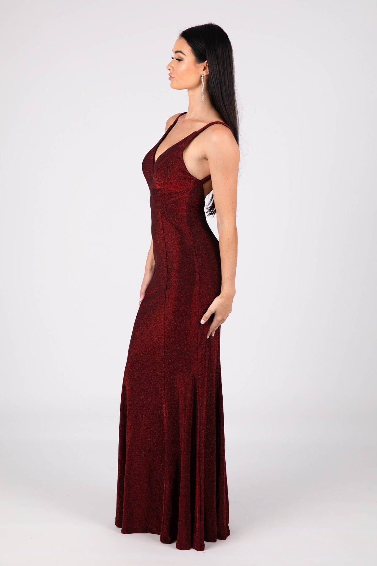 Side Image of Shimmer Deep Red Floor Length Fitted Evening Gown with V Neckline and Backless Design