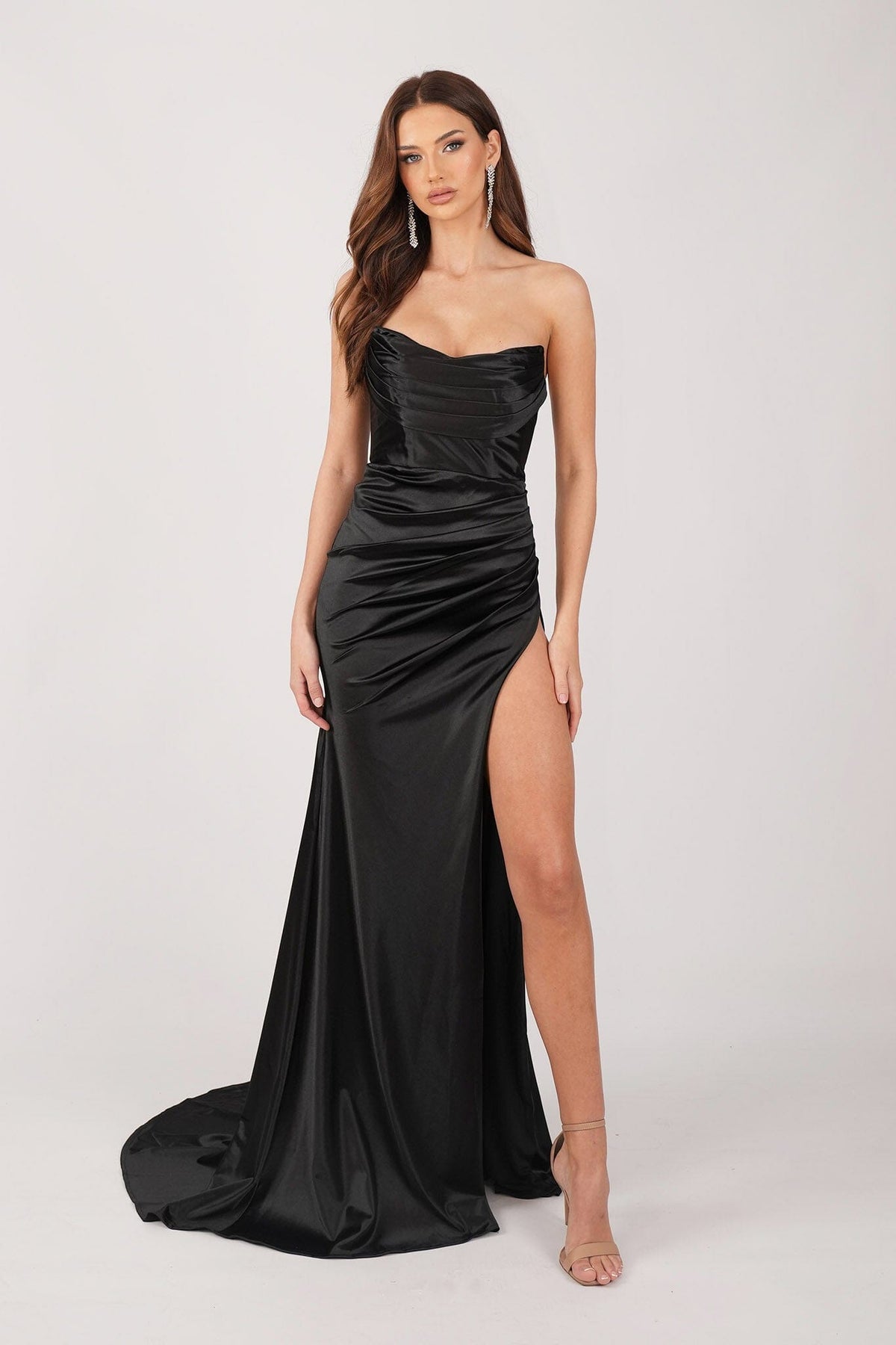 Black Stretch Satin Formal Gown with Bustier Strapless Neckline and Thigh High Side Slit