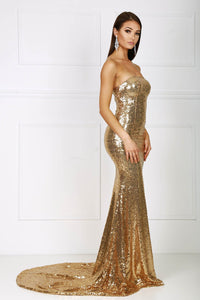 Strapless straight neckline form-fitted sequins evening gown in gold color