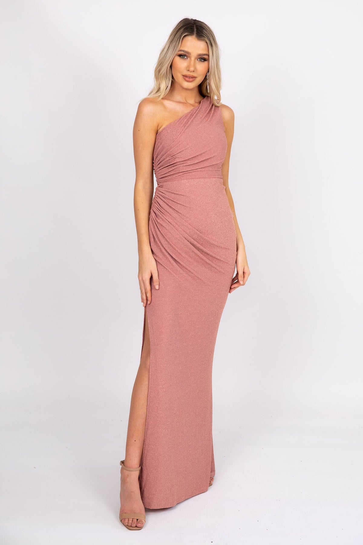 Dusty Pink Floor Length Fitted Evening Dress with One Shoulder Bodice, Draping Detail and Side Leg Slit