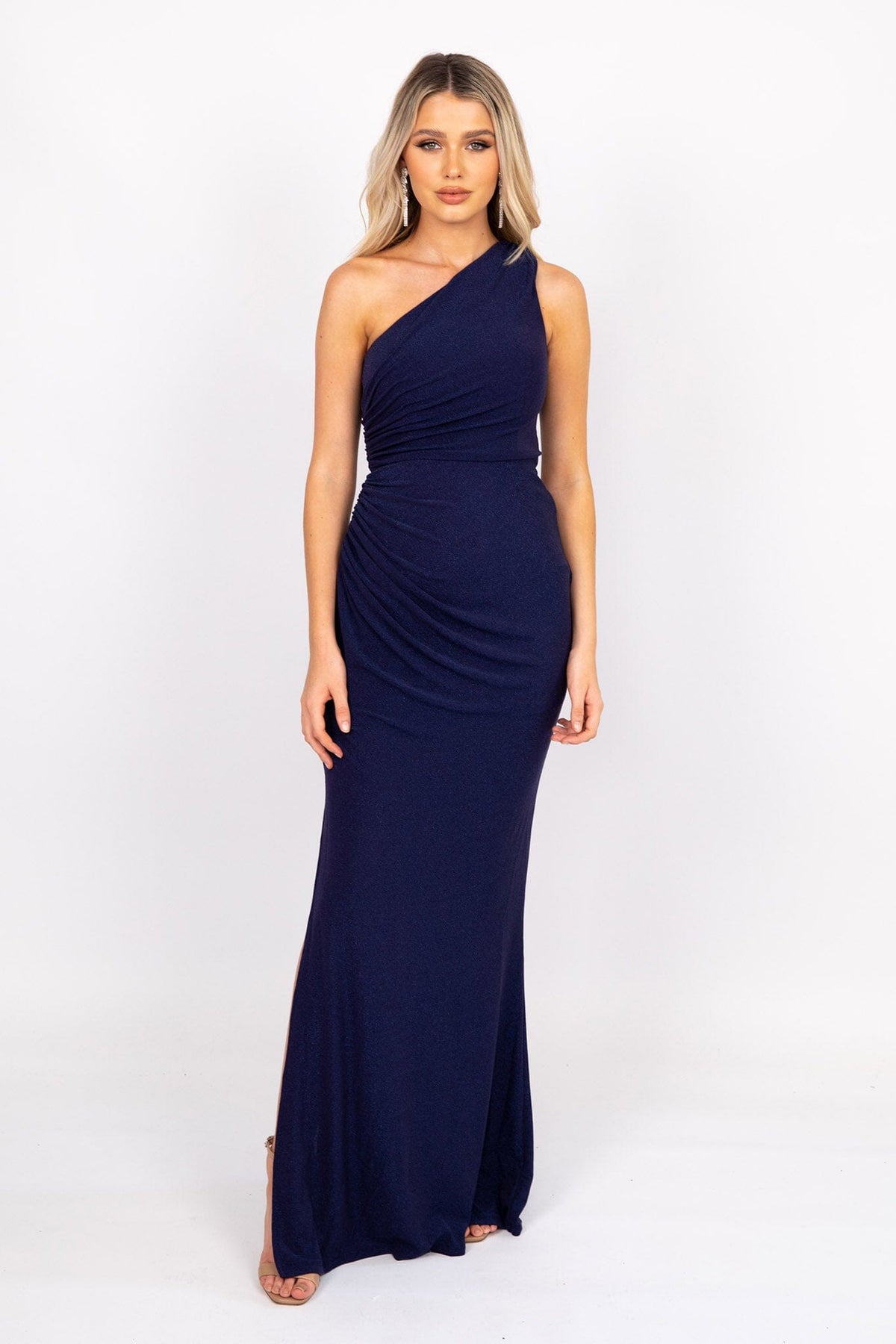 Navy Floor Length Fitted Evening Dress with One Shoulder Bodice, Draping Detail and Side Leg Slit