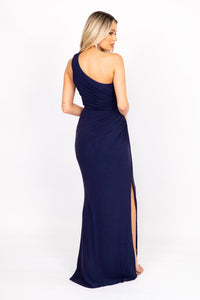 Back Image of Navy Floor Length Fitted Evening Dress with One Shoulder Bodice, Draping Detail and Side Leg Slit