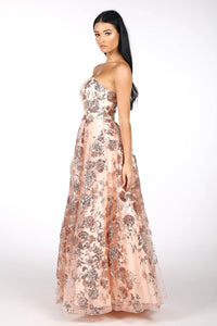 Side Image of Strapless Square Neckline A Line Ball Gown with Embroidered Flower Sequinned Mesh in Rose Gold Colour