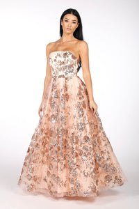 Strapless Square Neckline A Line Ball Gown with Embroidered Flower Sequinned Mesh in Rose Gold Colour