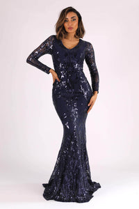 Deep Blue Pattern Sequin Fitted Evening Gown with Long Sleeves and V Neckline