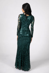 Back Image of Deep Green Pattern Sequin Fitted Evening Gown with Long Sleeves and V Neckline