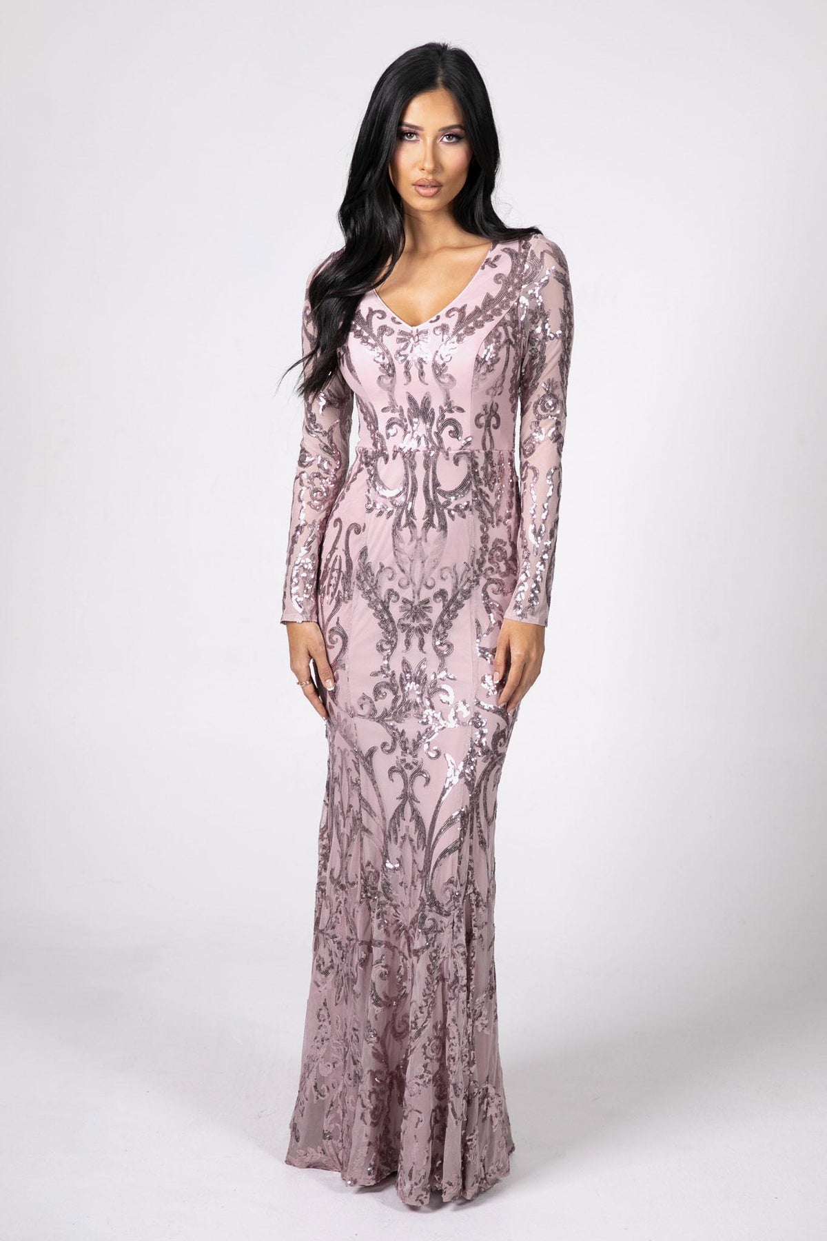 Amelia Long-Sleeve Pattern Sequin Gown - Pink