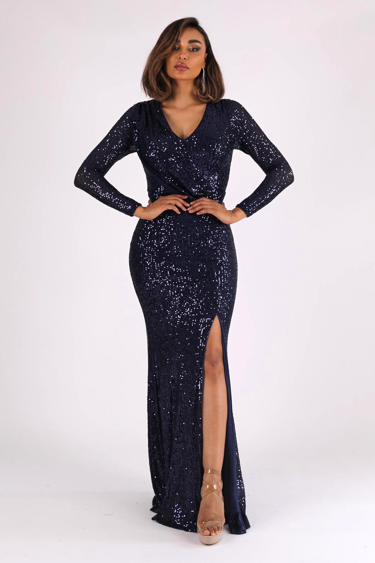 Navy Sequin Long Sleeve Fitted Evening Maxi Dress with V Neckline, Column Silhouette and Side Split