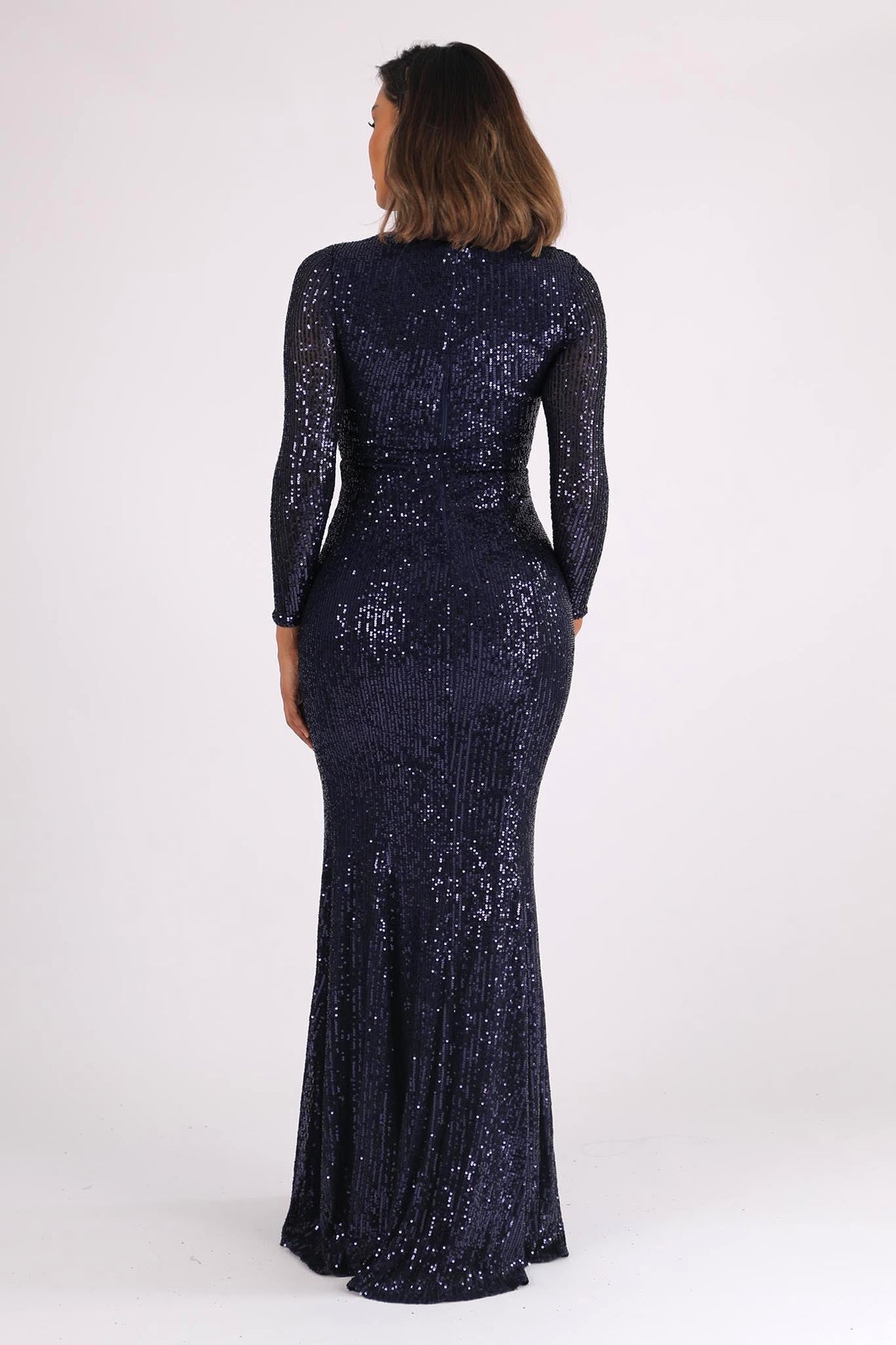 Back Image of  Navy Sequin Long Sleeve Fitted Evening Maxi Dress with V Neckline, Column Silhouette and Side Split