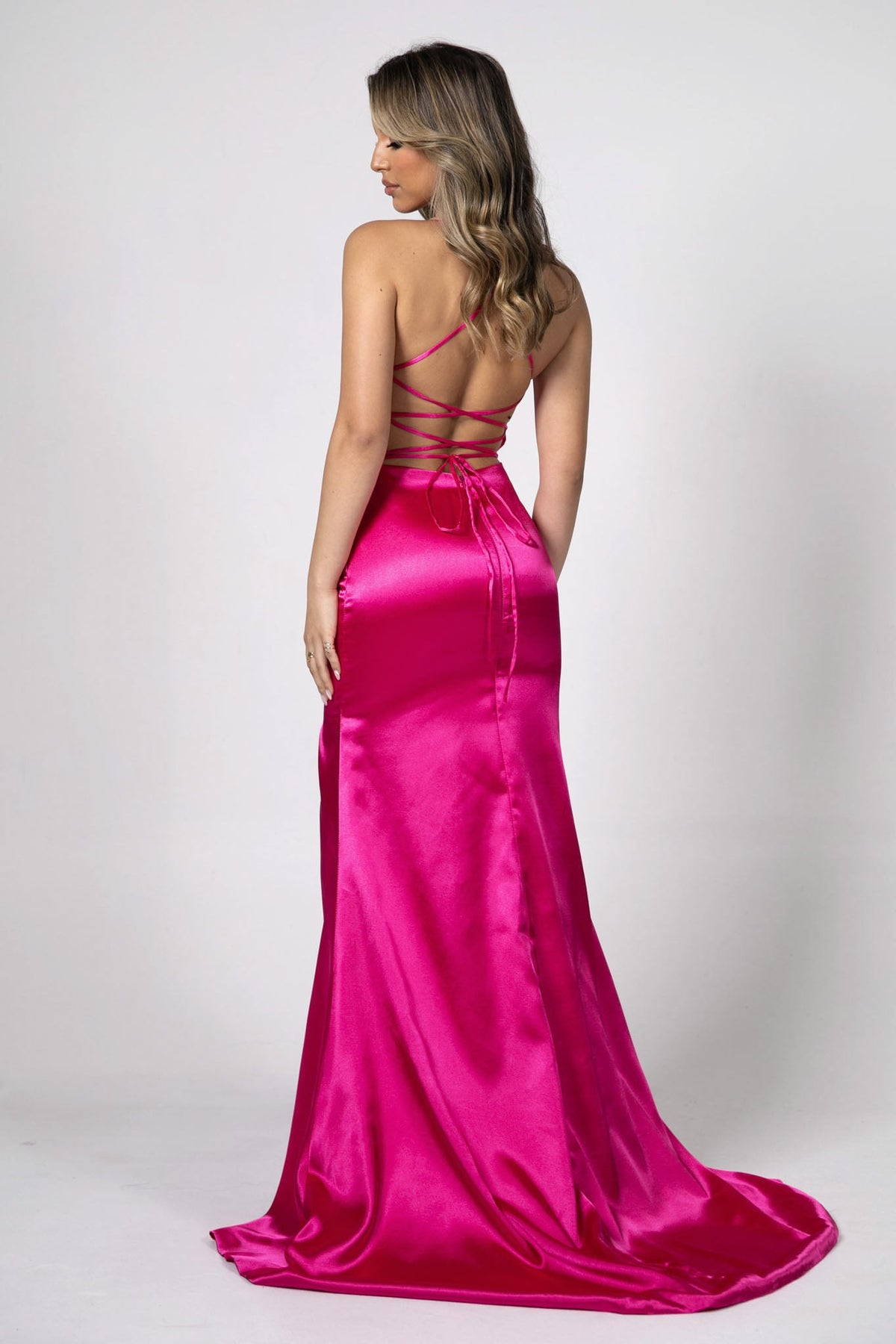 Lace Up Open Back Design of Bright Pink Satin Evening Floor Length Gown