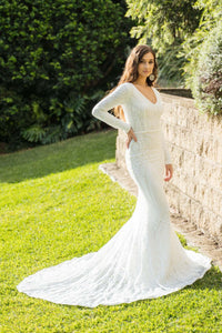 White Embroidered Pattern Sequin Figure Hugging Floor Length Gown, Long Sleeves, Deep V Neck, Long Mermaid Train