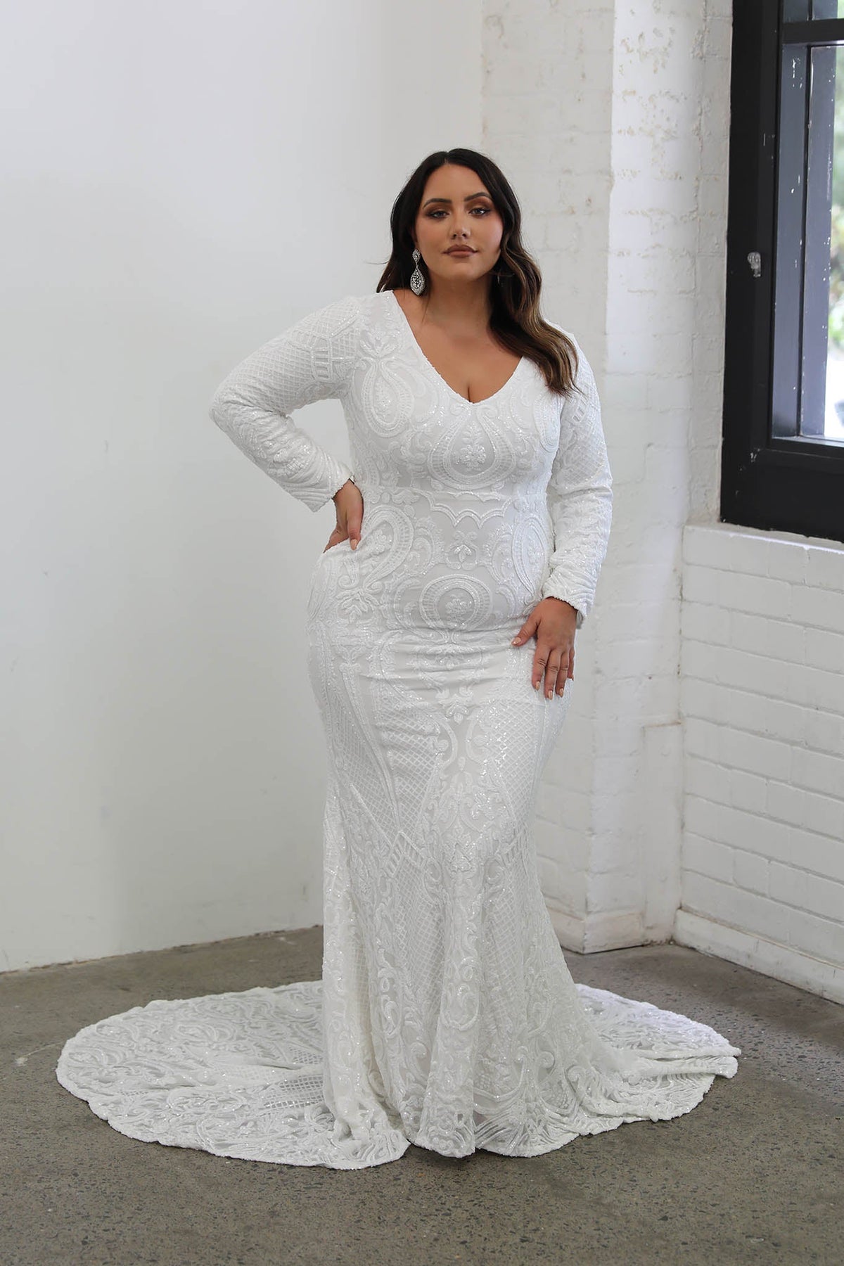 Elena Long-Sleeve Pattern Sequin Gown - White/White