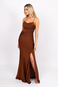 Shimmer Copper Burnt Orange Coloured Fitted Full Length Evening Gown with Cowl Neckline, Thin Shoulder Straps and Side Split
