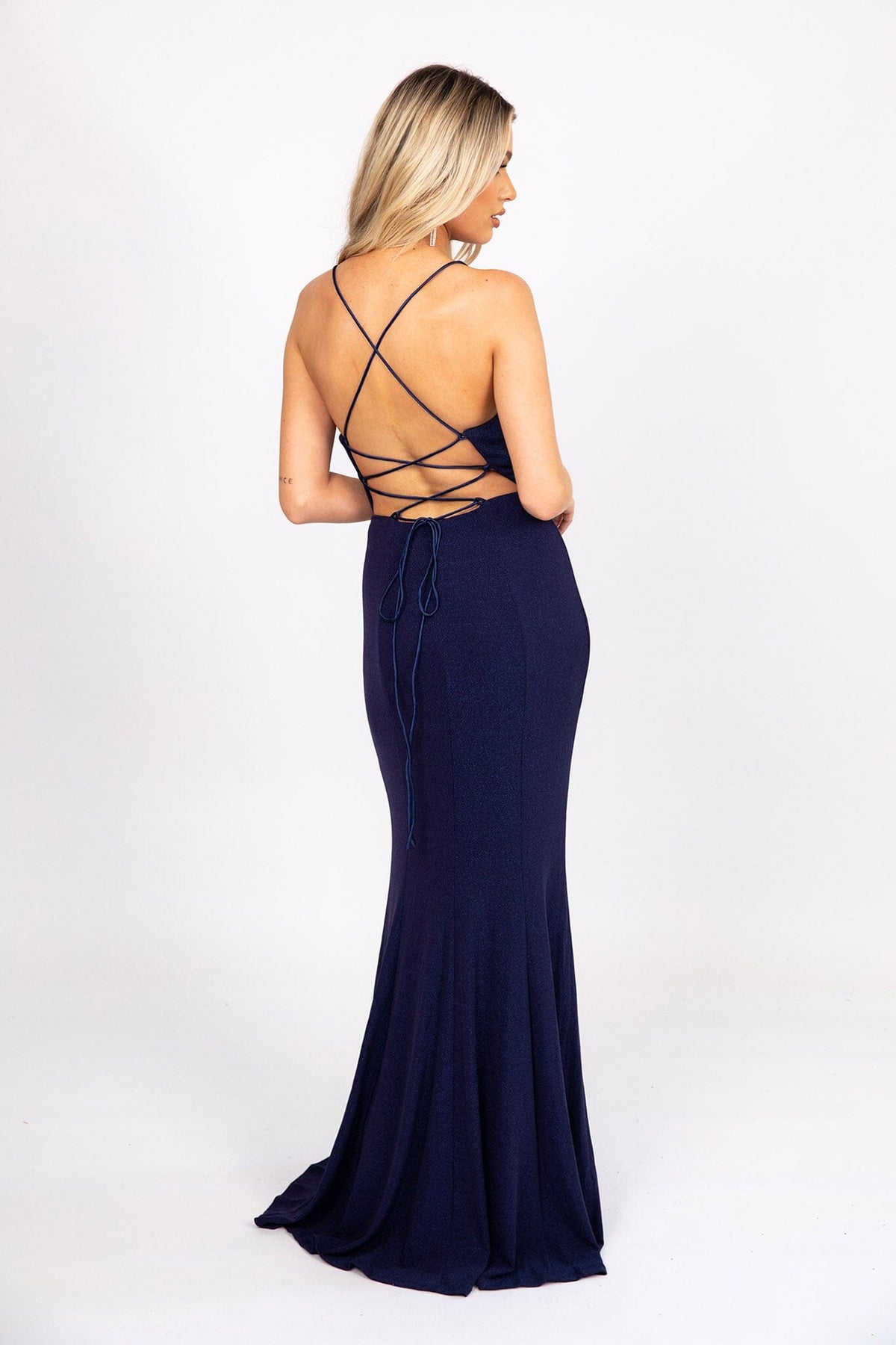 Lace Up Open Back Design of Shimmer Navy Blue Fitted Full Length Evening Gown with Cowl Neckline, Thin Shoulder Straps and Side Split