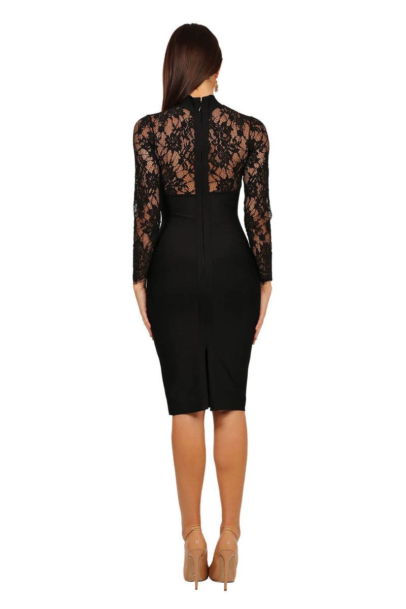 Sheer lace back design with a slit of black lace long-sleeve midi-length bandage dress