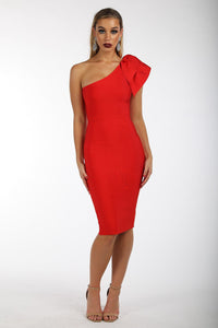 Red one-shoulder knee length tight fitted bandage dress with ruffle detail over one shoulder