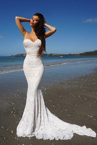 White Embroidered Pattern Sequin Floor Length Gown with Nude Lining with Strapless Sweetheart Neckline, Slim Mermaid Silhouette and Long Train